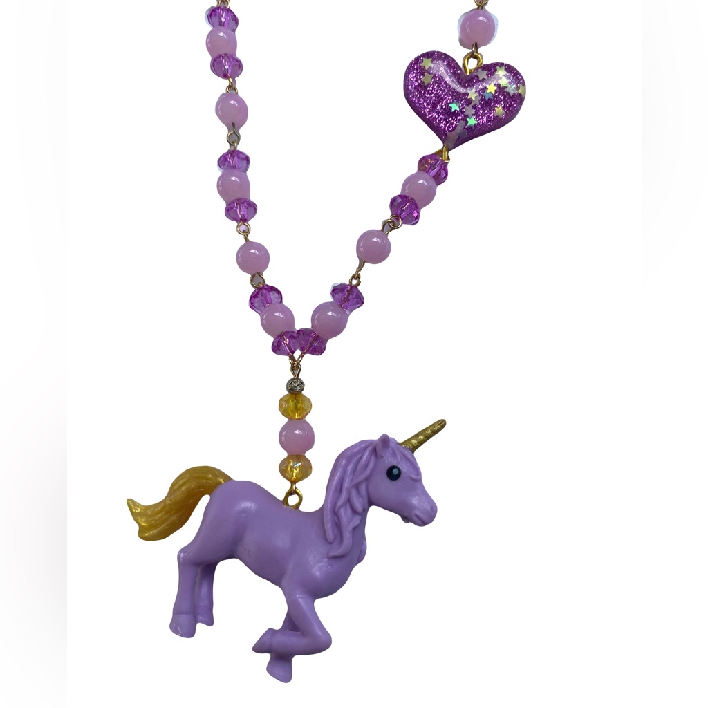 Unicorn Rainbow Star Purple Bead Glass Chunky Necklace Statement Gold Heart Y2k